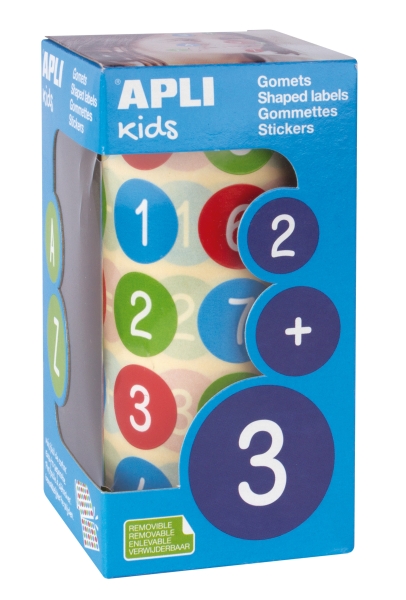 Apli Rollo de 900 Gomets Redondos con Numeros Ø 20 mm - Adhesivo Removible Base Agua - Fomenta Aprendizaje - Libre de Disolventes - Colores Surtidos