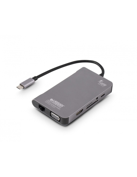 Urban Factory Hubee Plus HUB 10 en 1 - USB-C Macho - Hembra: USB-C/USB-A/HDMI/SD/MSD/JACK 3.5mm/RJ45/VGA Hembra - Color Gris Metal
