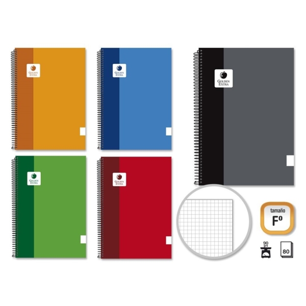 Golden Extra Cuaderno Espiral Folio 80 Hojas 90grs Cuadricula - Margen Remarcado - Tapa Forrada - Colores Surtidos