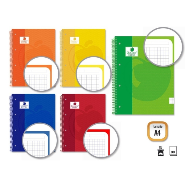 Golden Extra Cuaderno Espiral A4 80 Hojas 90grs Cuadricula 5x5 - Hojas Microperforadas con Banda de Color - Tapa Extradura Forrada - Colores Surtidos