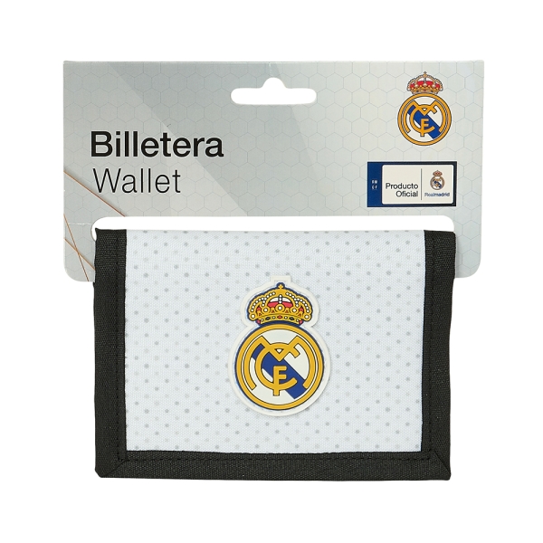 Safta Real Madrid 1ª Equipacion 24/25 Monedero - Cierre de Velcro - Bolsillo con Cremallera para Monedas - 12.5x9.5x1cm - Color Blanco/Negro