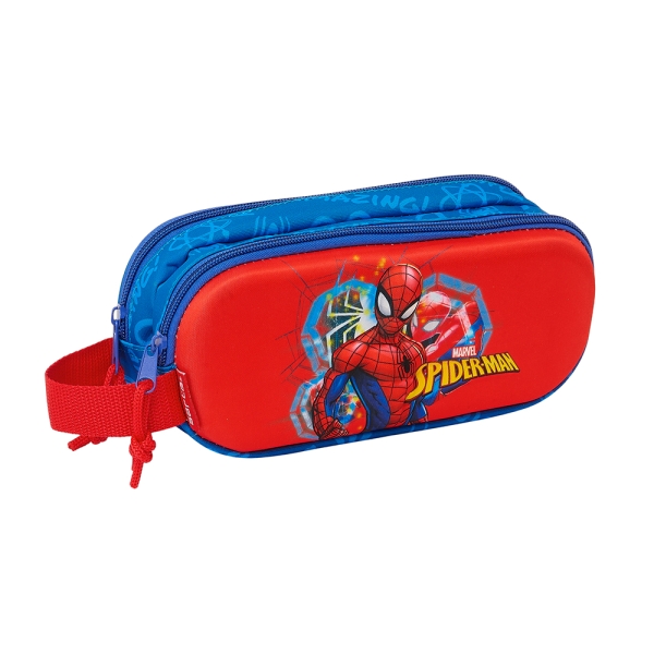 Safta Spider-Man Estuche Portatodo 3D - 2 Compartimentos - Asa de Mano - 21x8x6cm - Color Rojo y Azul