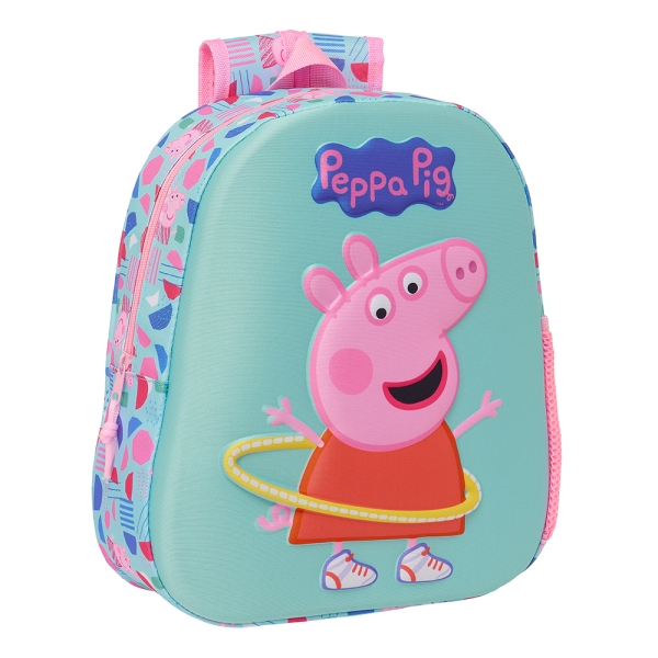 Safta Peppa Pig Mochila 3D - Asa de Mano - Portabotellas Lateral - 27x33x10cm - Color Azul Claro