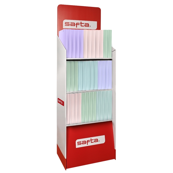 Safta Expositor con 36 Carpetas de Anillas - Material Reciclado - Incluye 100 Hojas - Hojas de 90g/m2 - Separadores - Solapa para Documentos - 3 Estantes - 400x380x1900mm - Colores Surtidos