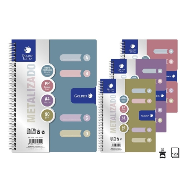 Golden Pack de 6 Cuadernos A4 120 Hojas 90gr Cuadricula 5x5 - 4 Separadores - Tapa Polipropileno - Colores Metalizados Surtidos