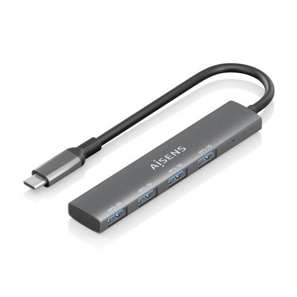 Aisens Hub USB-C Ultra Delgado - 1xUSB3.1 Gen1 + 4xUSB3.0 - Alta Velocidad 5 Gbps - Alimentacion USB-C - Cable 15cm - Color Gris