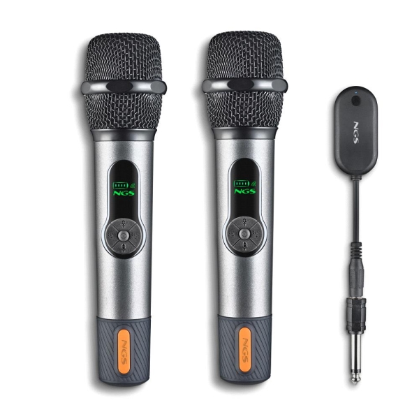 NGS SingerStar Duo Kit 2 Microfono Inalambrico Vocal - Tipo Dinamico - Sonido Potente y Claro - Entrada Jack 3.5 y Adaptador Jack 6.3 - Alcance hasta 15m - Autonomia hasta 30h - Color Negro