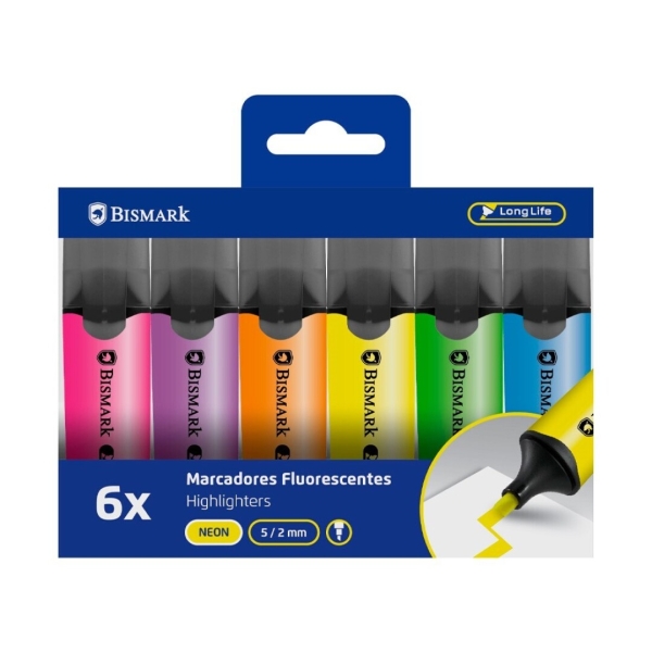 Bismark Pack de 6 Marcadores Fluorescentes - Punta Biselada 2 - 5mm Aprox - Tinta Base de Agua - Larga Duracion - Colores Neon Surtidos