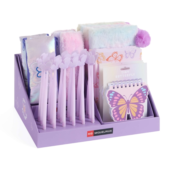 Miquel Rius Butterfly Expositor Multiproducto con 38 Piezas Surtidas de Cuadernos y Diarios, Portatodos y Boligrafos