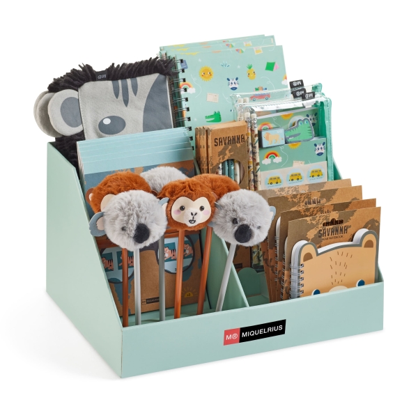 Miquel Rius Savanna Expositor Multiproducto con 29 Piezas Surtidas de Cuadernos, Portatodos, Lapices, Sets de Pegatinas y Boligrafos