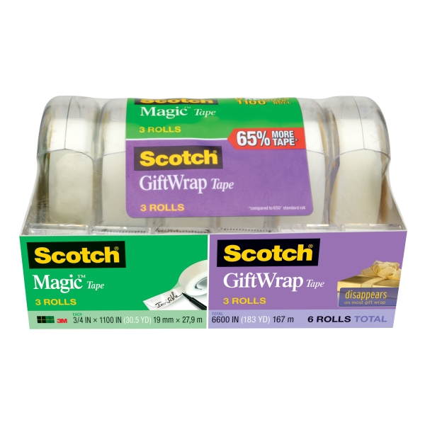 Scotch Magic/Giftwrap Pack de 6 Cintas Adhesivas Surtidas - 19mm x 27.9m - Color Transparente