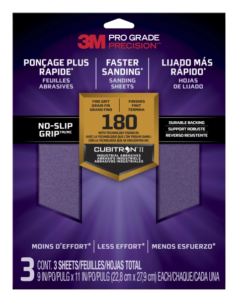 3M Pro Grade Precision Pack de 3 Hojas de Lijado - Grano 180 Fino - 22.8x27.9cm - Rendimiento Superior - Reduccion de Fatiga - Color Lavanda