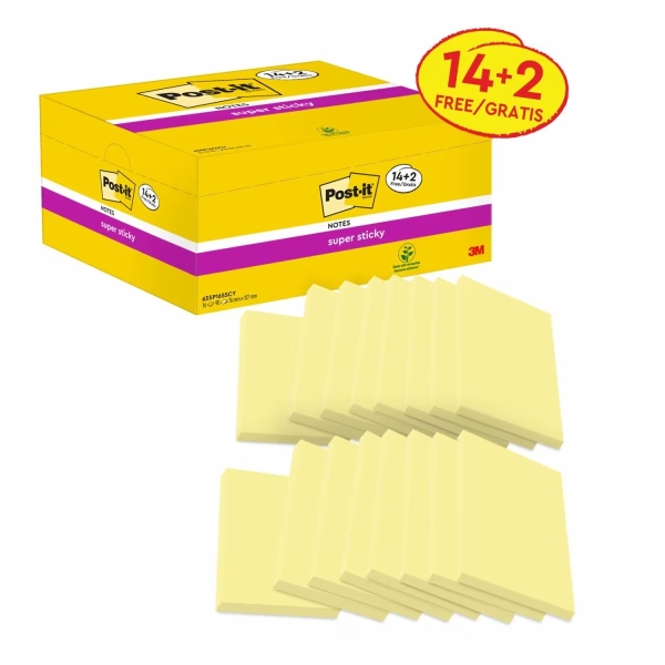 Post-It Super Sticky Pack de 16 Blocs de 90 Notas Adhesivas Reposicionables - Forma Rectangular - 76x127mm - Color Amarillo Claro