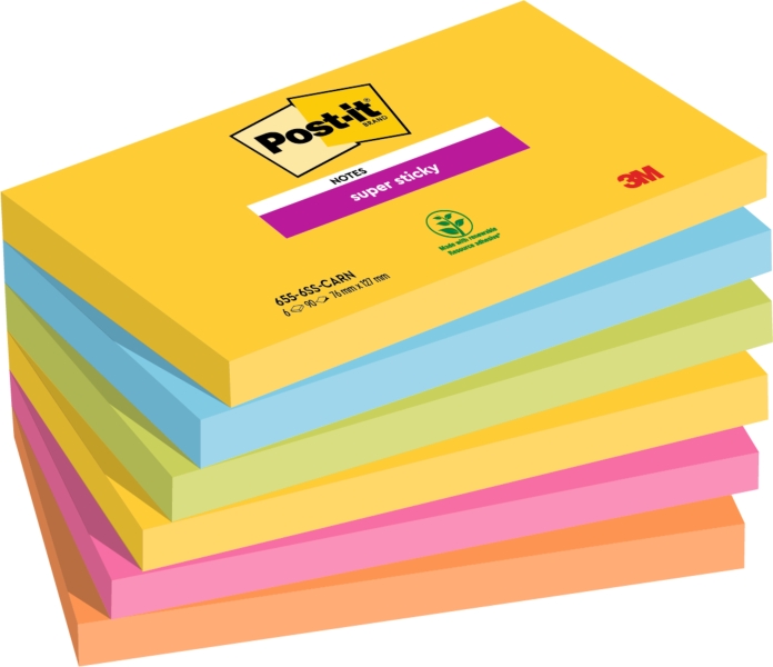 Post-It Super Sticky Pack de 6 Blocs de 90 Notas Adhesivas Reposicionables - Forma Rectangular - Colores Surtidos
