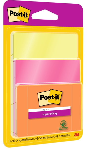 Post-It Super Sticky Pack de 3 Blocs de 45 Notas Adhesivas Reposicionables - Forma Cuadrada - Colores Surtidos