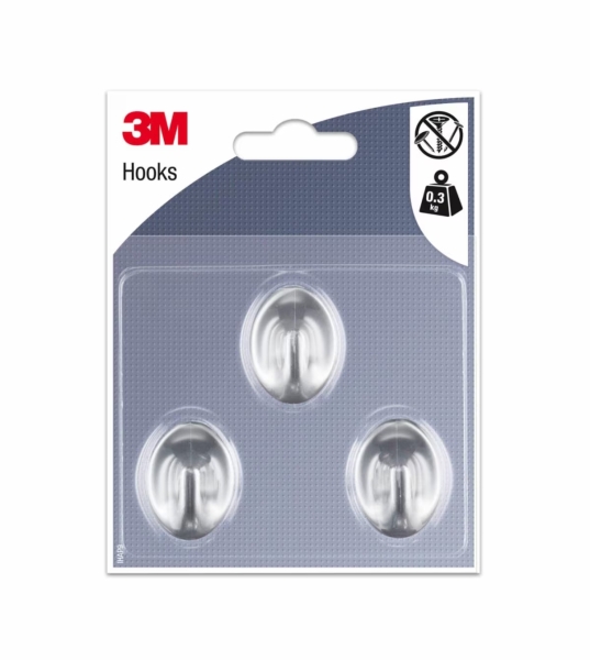 3M Pack de 3 Ganchos Adhesivos Ovalados - Formato S - Soporta hasta 0.3kg - Color Gris Metalizado