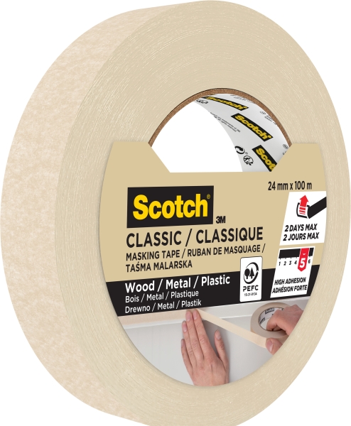 Scotch Classic Cinta de Enmascarar - 24mm x 100m - 70% PEFC - Color Blanco