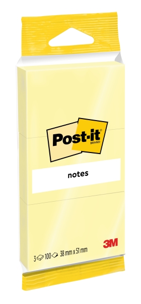 Post-It Pack de 3 Blocs de 100 Notas Adhesivas Reposicionables - 38x51mm - 100% PEFC - Color Amarillo Claro