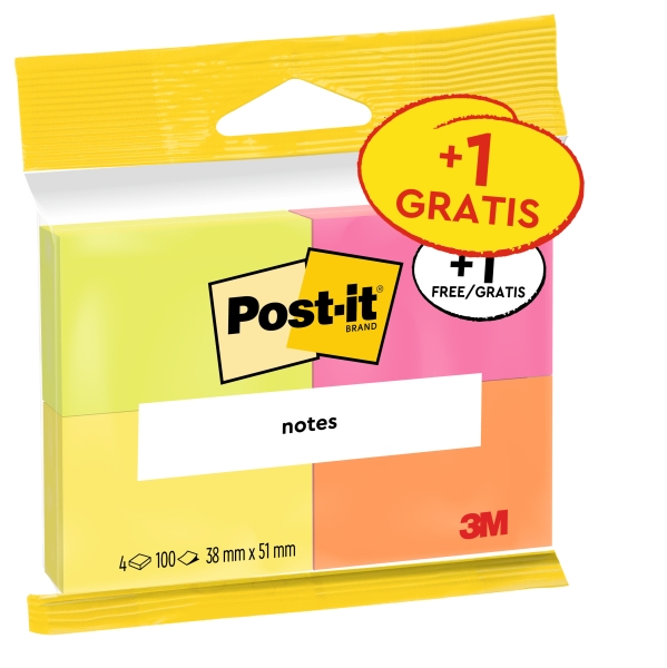 Post-itÃ‚Â® foglietti adesivi 4 bastoncini. Note 51x38 colori assortiti