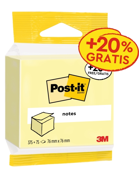 Post-It Bloc de 450 Notas Adhesivas Reposicionables - 76x76mm - 100% PEFC - Color Amarillo Claro