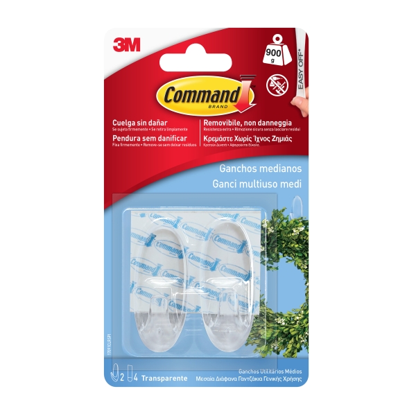 Command Pack de 2 Ganchos Medianos - 4 Tiras Adhesivas - Soporta hasta 0.9kg - Color Transparente