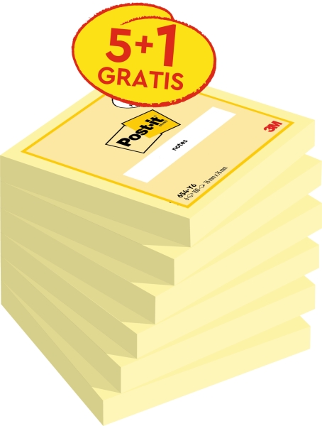 Post-It Pack de 6 Blocs de 100 Notas Adhesivas Reposicionables - 76x76mm - Promocion 5 Blocs + 1 Gratis - Color Amarillo Claro