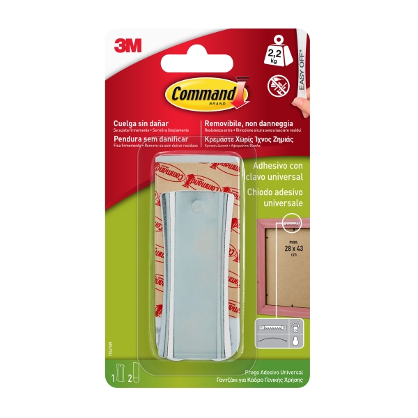 Command Universal Soporte Adhesivo con Clavo para Colgar - 2 Tiras Adhesivas - Universal - Soporta hasta 2.2kg - Color Plata