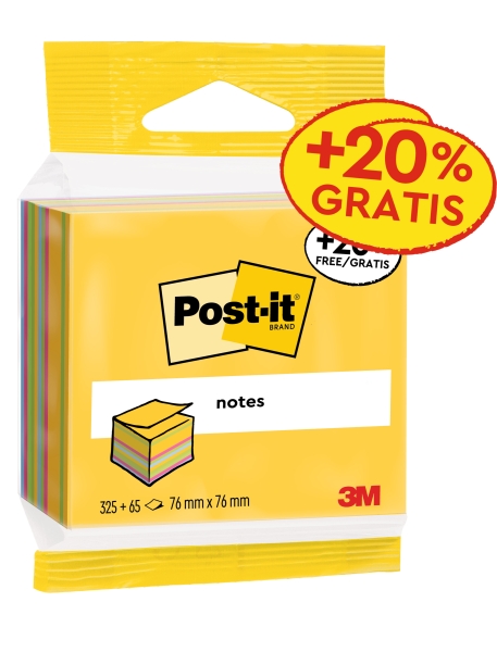 Post-It Cubo de 390 Notas Adhesivas Reposicionables - Forma Cuadrada - 76x76mm - Colores Surtidos
