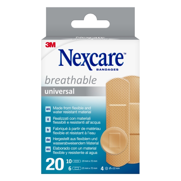 Nexcare Universal Breathable Pack de 20 Apositos Surtidos - Transpirable - Resistente al Agua - Color Piel