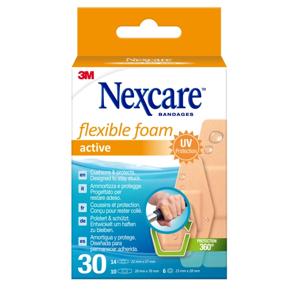 Nexcare Active Flexible Foam Pack de 30 Apositos Surtidos - Transpirable - Resistente al Agua - Color Piel