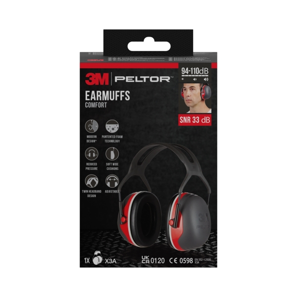 3M Peltor Orejeras Auditivas - SNR 33dB - Comoda Diadema - Ajustable - Color Negro/Rojo