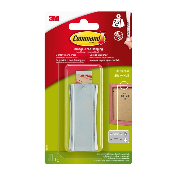 Command Universal Soporte Adhesivo con Clavo para Colgar - 1 Tira Adhesiva - Soporta hasta 2.2kg - Color Gris Metalizado