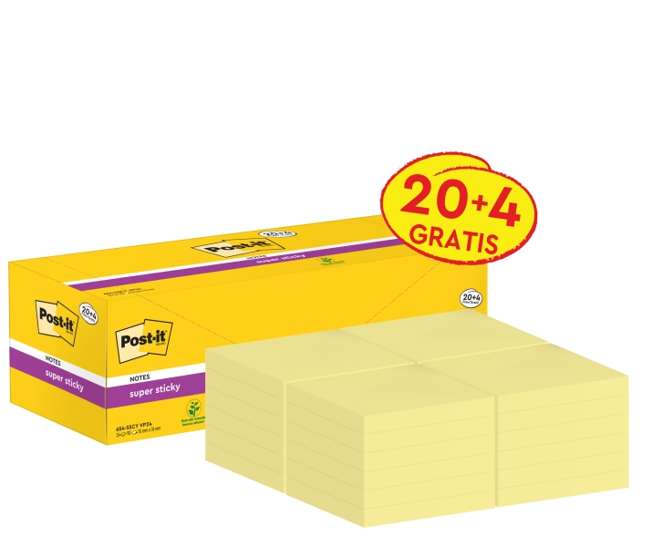 Post-It Super Sticky Pack de 24 Blocs de 90 Notas Adhesivas Reposicionables - 76x76mm - Promocion 20 Blocs + 4 Gratis - Paquete de Carton - Color Amarillo Claro
