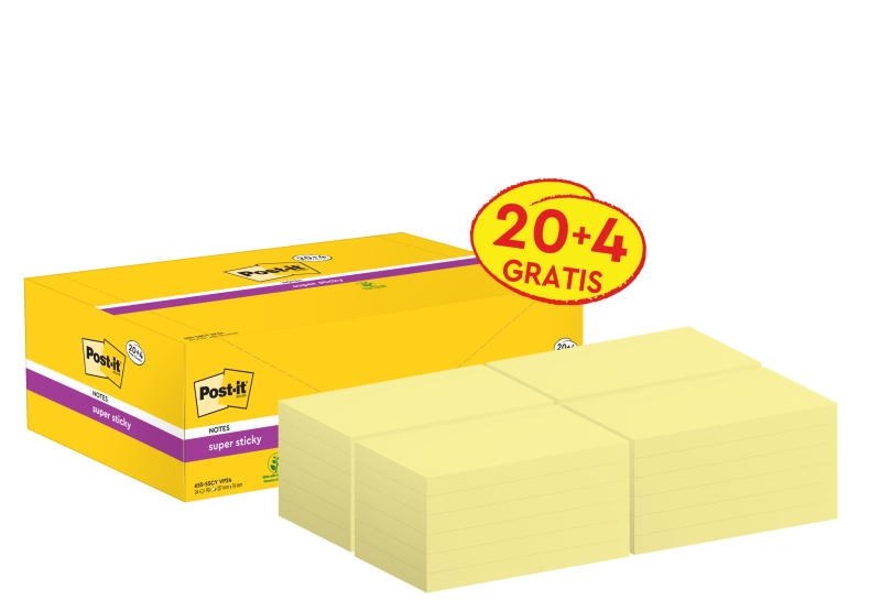Post-It Super Sticky Pack de 24 Blocs de 90 Pack de 24 Blocs de 90 Notas Adhesivas Reposicionables - 76x127mm - Color Amarillo Claro