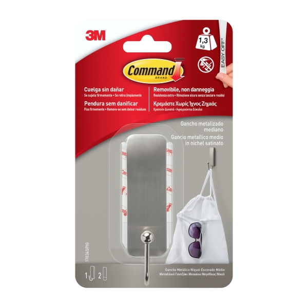 Command Gancho Mediano Color Niquel Pulido - 2 Tiras Adhesivas - Color Niquel Pulido