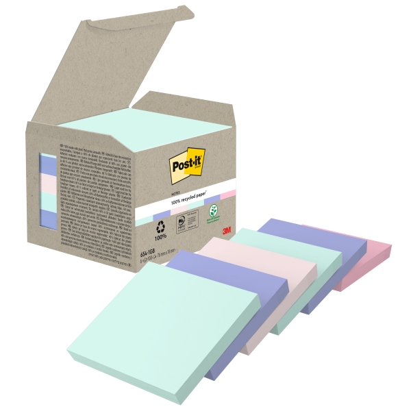 Post-It Pack de 6 Blocs de 100 Notas Adhesivas Recicladas - Forma Cuadrada - 76x76mm - Colores Surtidos