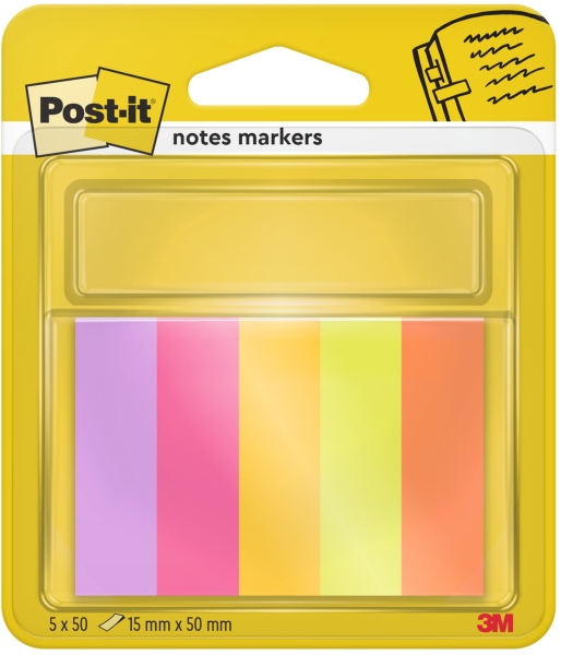 Pennarelli adesivi Post-itÃƒâ€šÃ‚Â® 5 bastoncini.Energetic 15x50, 50 fogli lilla, rosa acceso, giallo limone, verde