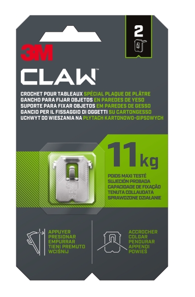 3M Claw Pack de 2 Ganchos de Metal para Paredes de Yeso - Soporta hasta 11kg - Color Gris/Titanio