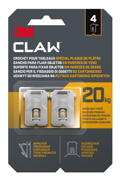 3M Claw Pack de 4 Ganchos de Metal para Paredes de Yeso - Soporta hasta 20kg - Color Gris/Titanio