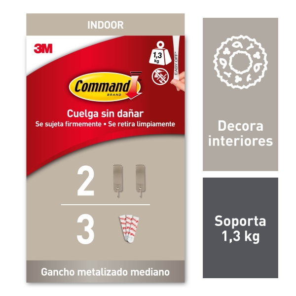 Command Pack de 2 Ganchos Medianos - 3 Tiras Adhesivas - Soporta hasta 1.3kg - Color Niquel