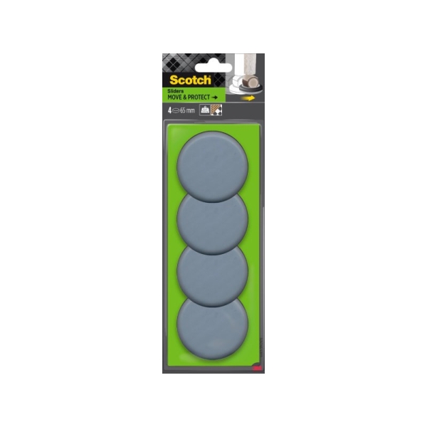 Scotch Move and Protect Pack de 4 Patines Deslizantes para Ruedas - Diametro de 65mm - Soporta hasta 500kg - Color Gris