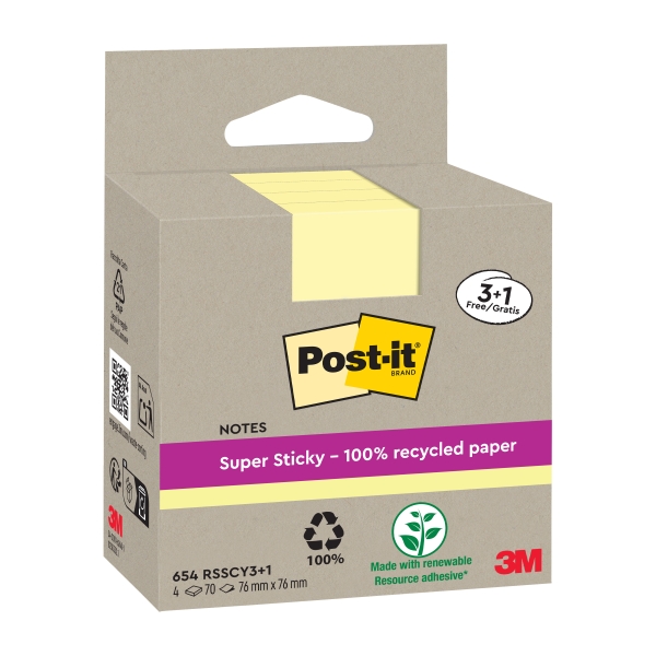 Post-It Super Sticky Pack de 4 Blocs de 70 Notas Adhesivas Recicladas - Forma Cuadrada - 76x76mm - Color Amarillo Claro