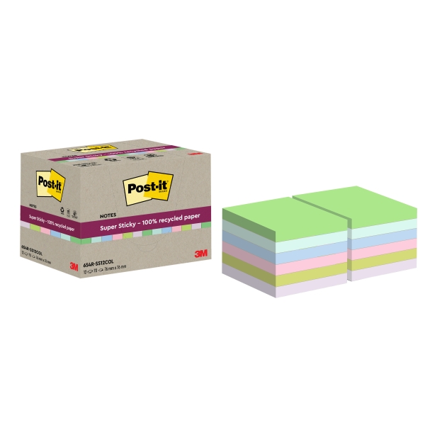 Foglietti riposizionabili Post-itSuper Sticky carta riciclata al 100% assortiti 76x76 mm - 12 blocchetti da 70 ff