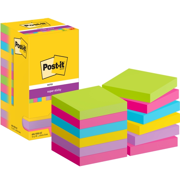 Post-It Super Sticky Pack de 12 Blocs de 90 Notas Adhesivas Reposicionables - Forma Cuadrada - 76x76mm - Colores Surtidos