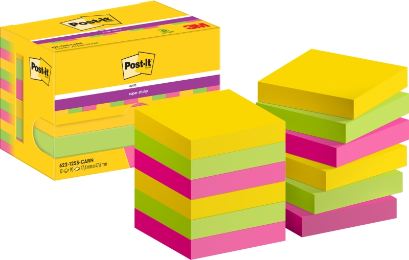Post-It Super Sticky Pack de 12 Blocs de 90 Notas Adhesivas Reposicionables  47.6x47.6mm - Forma Cuadrada - Caja Dispensadora - Colores Surtidos