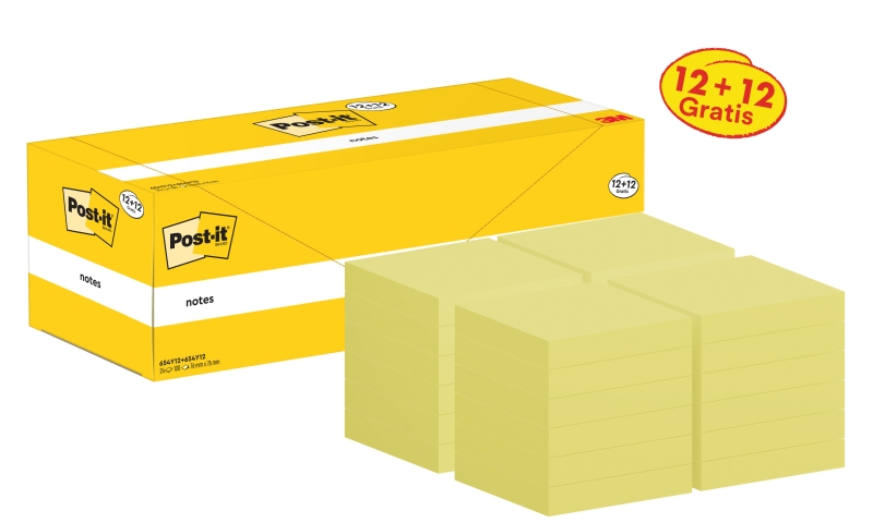Post-It Pack de 24 Blocs de 100 Notas Adhesivas Reposicionables - Forma Cuadrada - 76x76mm - Color Amarillo Claro