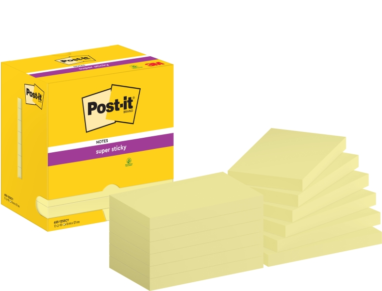 Post-It Super Sticky Pack de 12 Blocs de 90 Notas Adhesivas Reposicionables - Forma Rectangular - 76x127mm - Color Amarillo Claro
