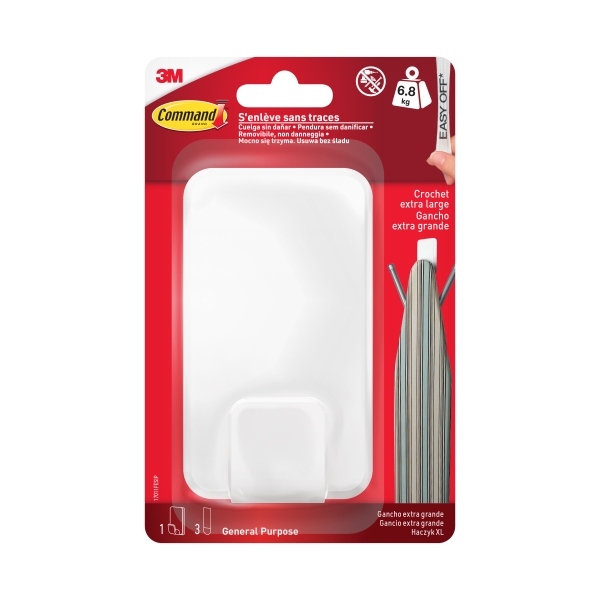 Command Gancho para Objetos Pesados - 3 Tiras Adhesivas - Extragrande - Soporta hasta 6.8kg - Color Blanco