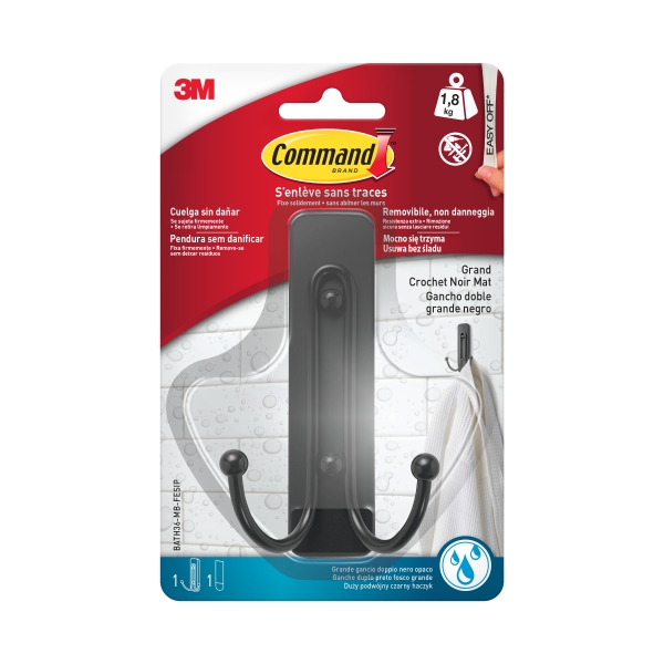 Command Gancho Doble Grande para Aseo - Resistente al Agua - 1 Tira Adhesiva - Soporta hasta 1.8kg - Color Negro Mate