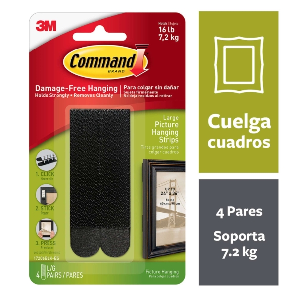 Command Pack de 8 Tiras Adhesivas para Colgar Cuadros - 4 Pares L - Soporta hasta 7.2kg - Color Negro